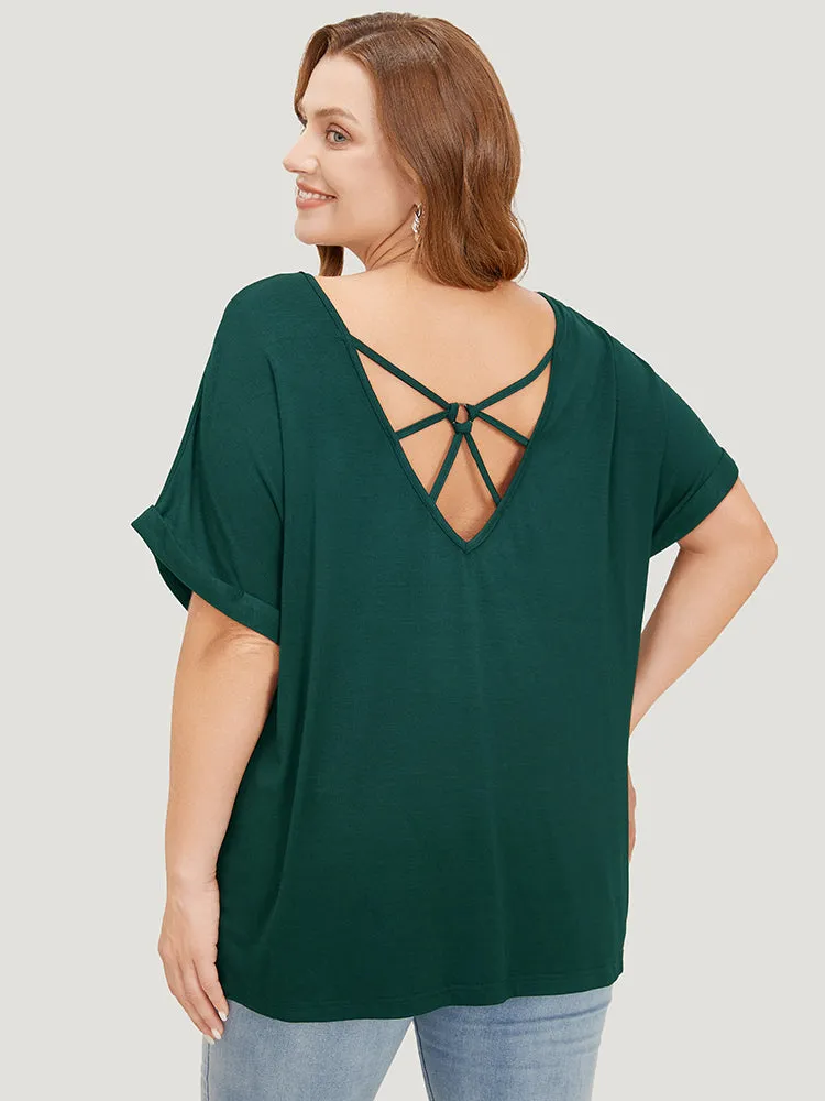 Solid Backless Roll Sleeve Cut Out T-shirt sold by Bloomchic product image thumbnail 3