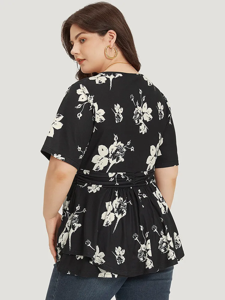 Floral Print V Neck Ruffle Ruched T-shirt sold by Bloomchic product image thumbnail 2