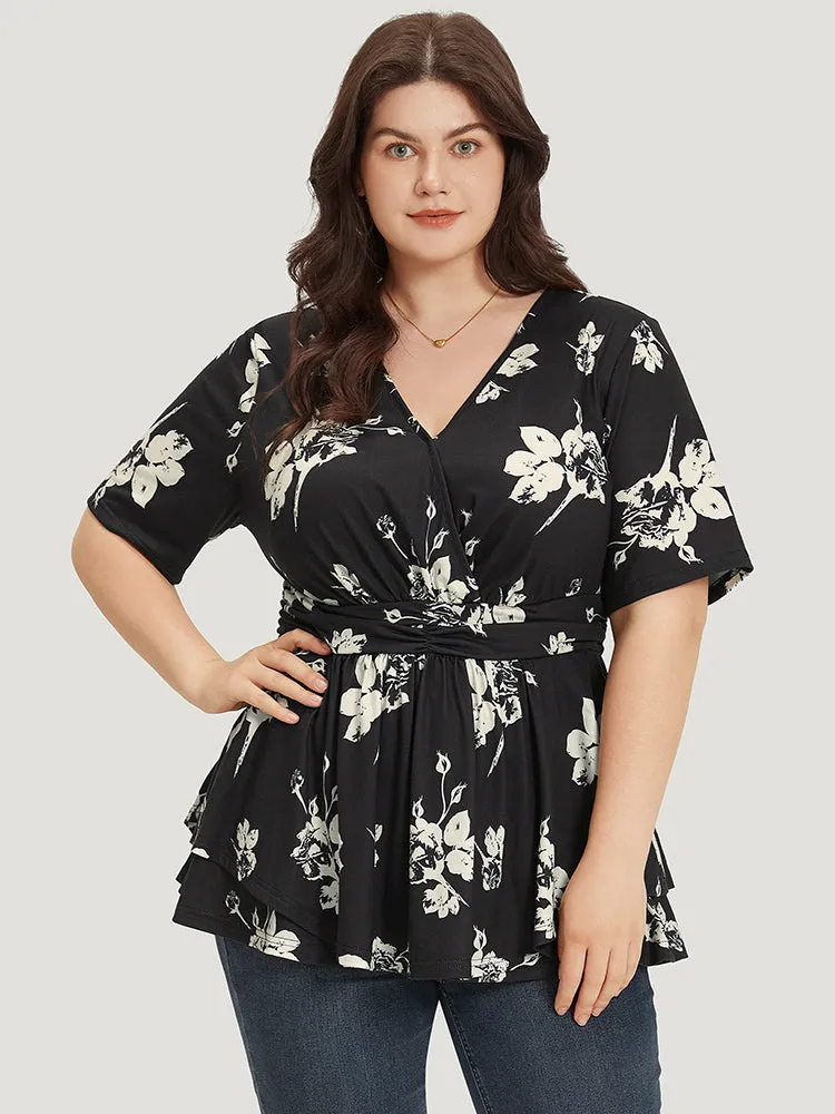 Floral Print V Neck Ruffle Ruched T-shirt sold by Bloomchic product image thumbnail 5