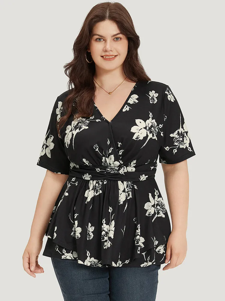 Floral Print V Neck Ruffle Ruched T-shirt sold by Bloomchic