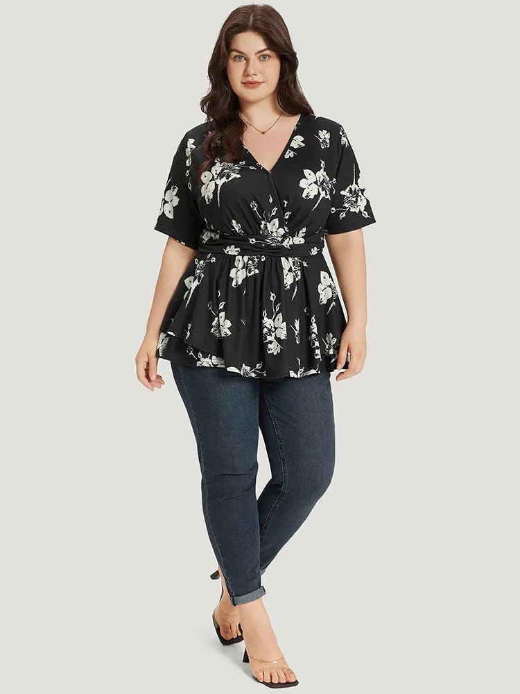 Floral Print V Neck Ruffle Ruched T-shirt sold by Bloomchic product image thumbnail 4