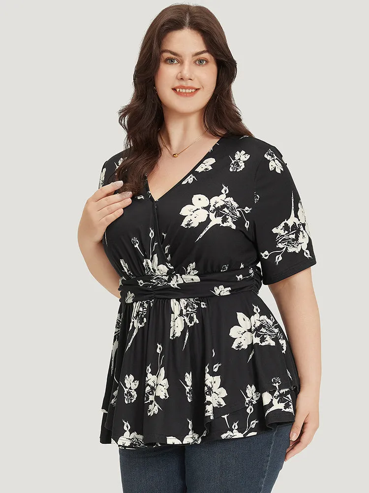 Floral Print V Neck Ruffle Ruched T-shirt sold by Bloomchic product image thumbnail 3