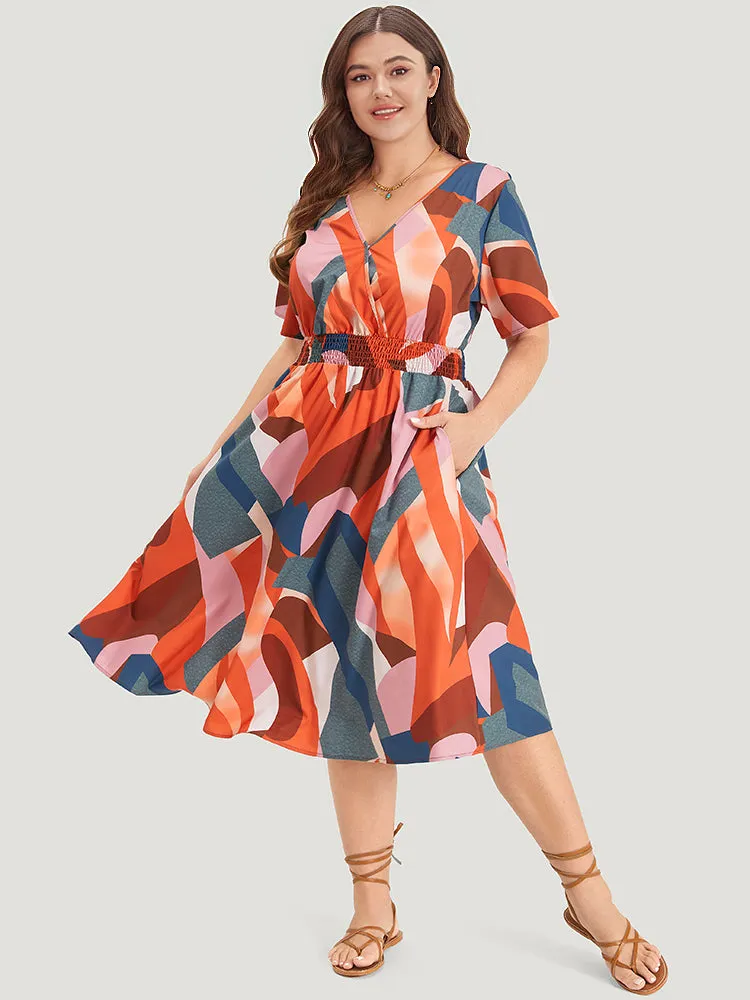 Colour Geometric Contrast Shirred Ruffles Elastic Waist Dress sold by Bloomchic product image thumbnail 5