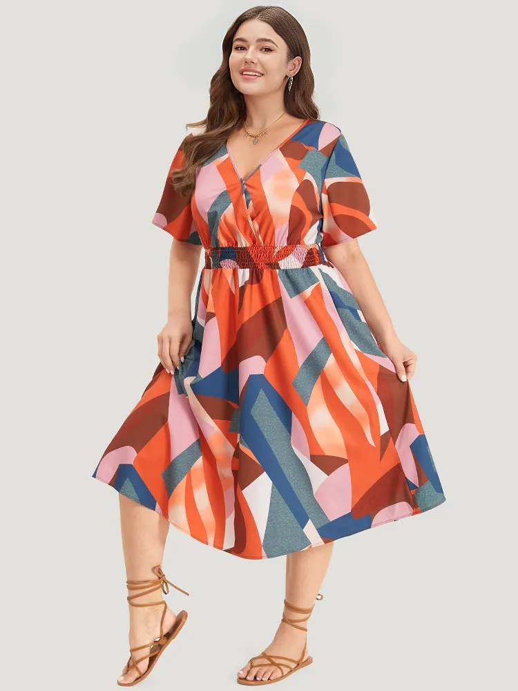 Colour Geometric Contrast Shirred Ruffles Elastic Waist Dress sold by Bloomchic product image thumbnail 3