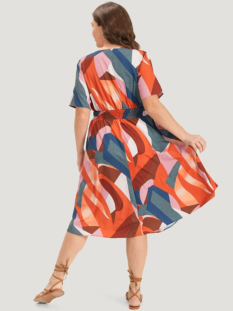 Colour Geometric Contrast Shirred Ruffles Elastic Waist Dress sold by Bloomchic product image thumbnail 2
