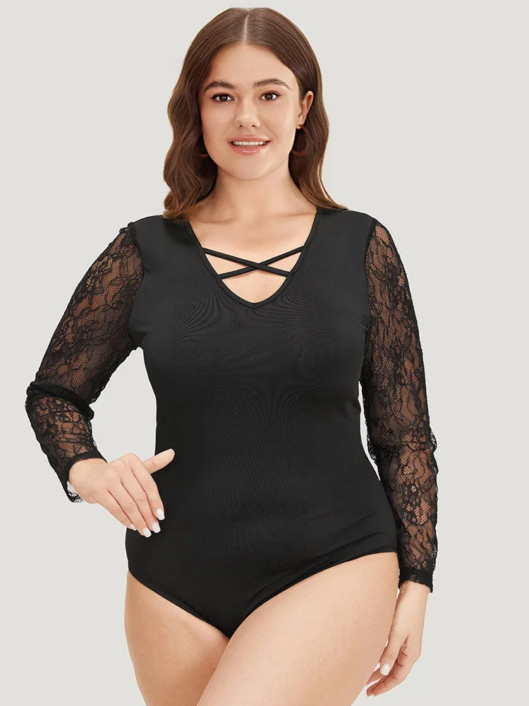 Plain Lace Mesh Patchwork Crisscross Bodysuit sold by Bloomchic