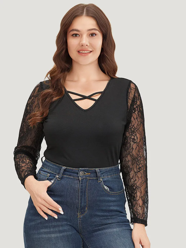 Plain Lace Mesh Patchwork Crisscross Bodysuit sold by Bloomchic product image thumbnail 3