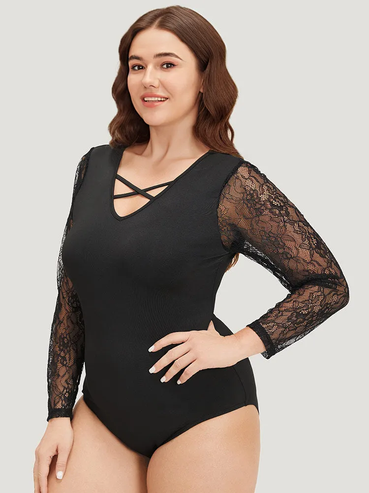 Plain Lace Mesh Patchwork Crisscross Bodysuit sold by Bloomchic product image thumbnail 5