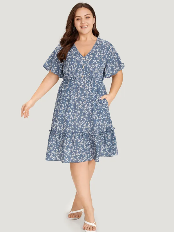 Ditsy Floral Elastic Waist Button Detail Pocket Ruffles Dress sold by Bloomchic