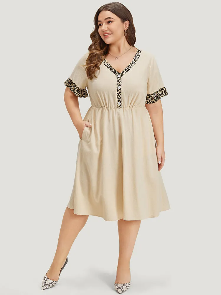 Leopard Patchwork Pocket Flutter Trim Button Detail Dress sold by Bloomchic product image thumbnail 2