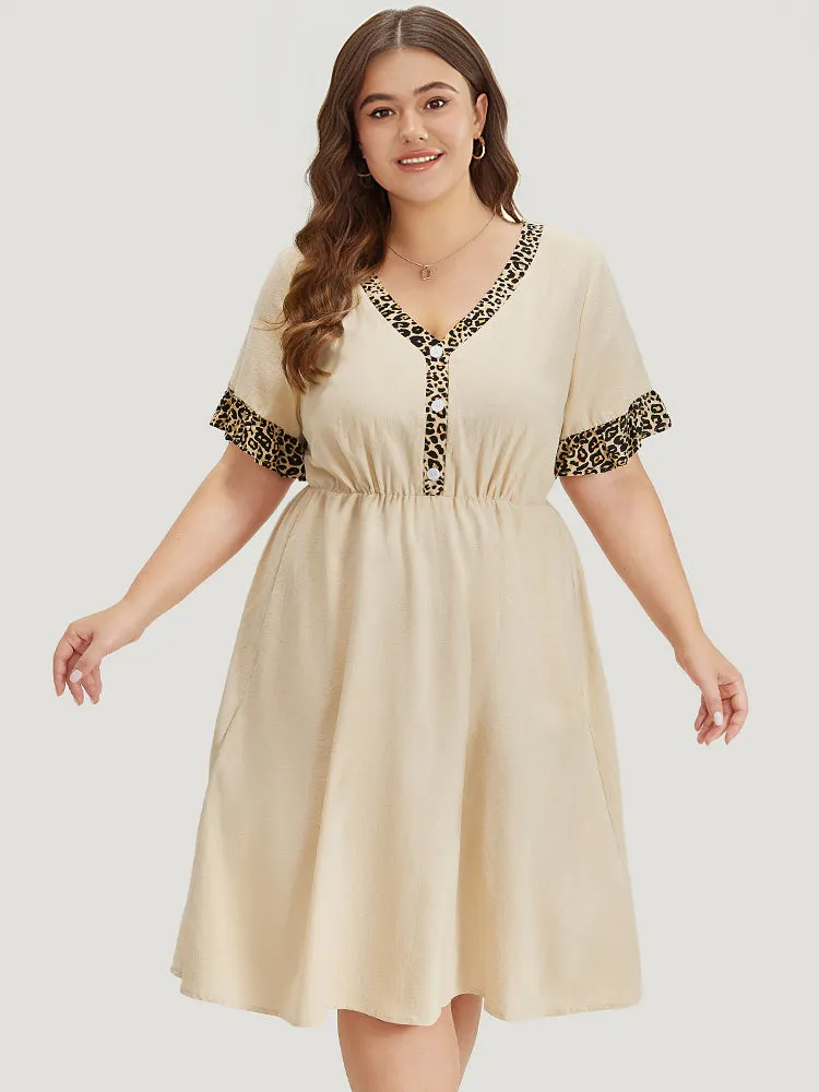 Leopard Patchwork Pocket Flutter Trim Button Detail Dress sold by Bloomchic product image thumbnail 3