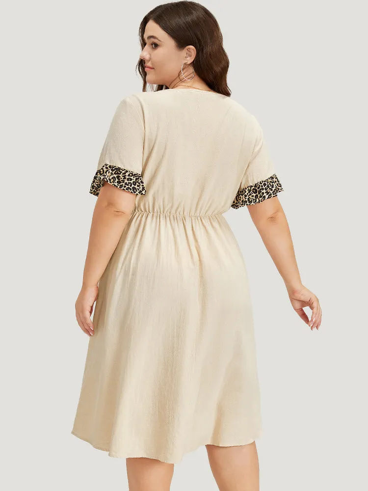 Leopard Patchwork Pocket Flutter Trim Button Detail Dress sold by Bloomchic product image thumbnail 5