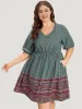 Boho Print V Neck Pocket Lantern Sleeve Dress sold by Bloomchic