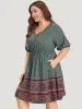 Boho Print V Neck Pocket Lantern Sleeve Dress sold by Bloomchic