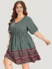 Boho Print V Neck Pocket Lantern Sleeve Dress sold by Bloomchic
