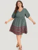 Boho Print V Neck Pocket Lantern Sleeve Dress sold by Bloomchic