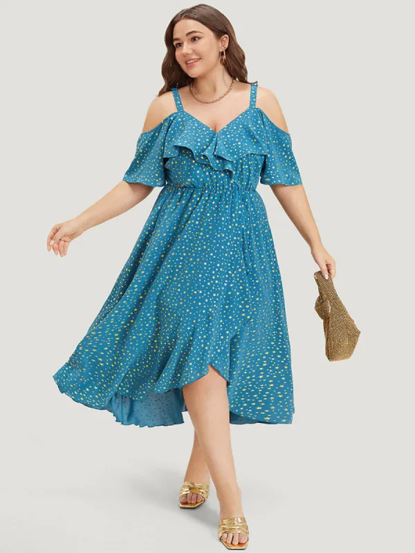 Stra Glitter Cold Shoulder Flutter Trim Cami Dress sold by Bloomchic