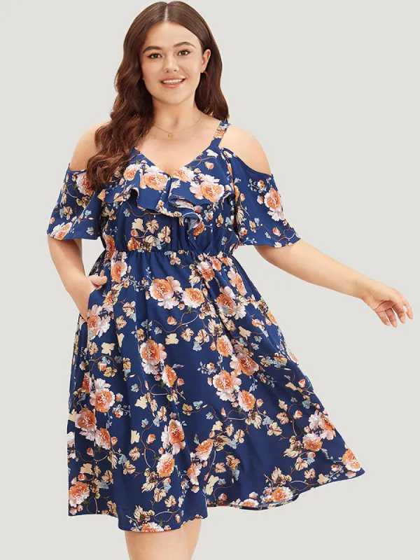 Floral Print Ruffle Trim  Elastic Waist Cold Shoulder Dress sold by Bloomchic
