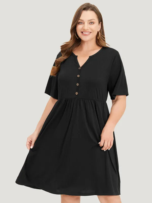 Solid Notched Pocket Flutter Hem Dress sold by Bloomchic