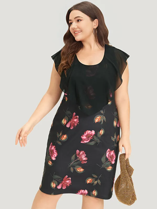 Floral Print Flutter Trim Patchwork Dress sold by Bloomchic