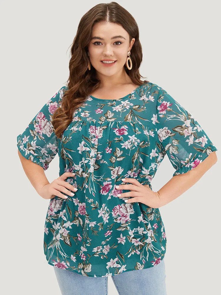 Floral Gathered Mesh Ruffle Sleeve Blouse sold by Bloomchic