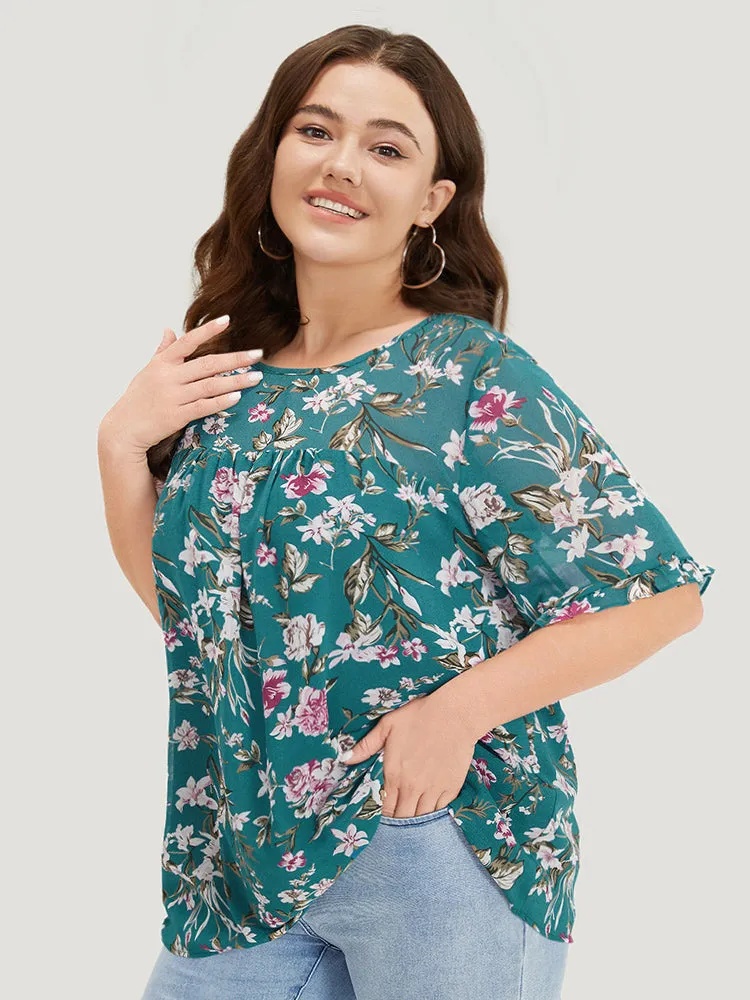 Floral Gathered Mesh Ruffle Sleeve Blouse sold by Bloomchic product image thumbnail 3