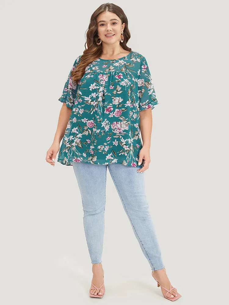 Floral Gathered Mesh Ruffle Sleeve Blouse sold by Bloomchic product image thumbnail 5