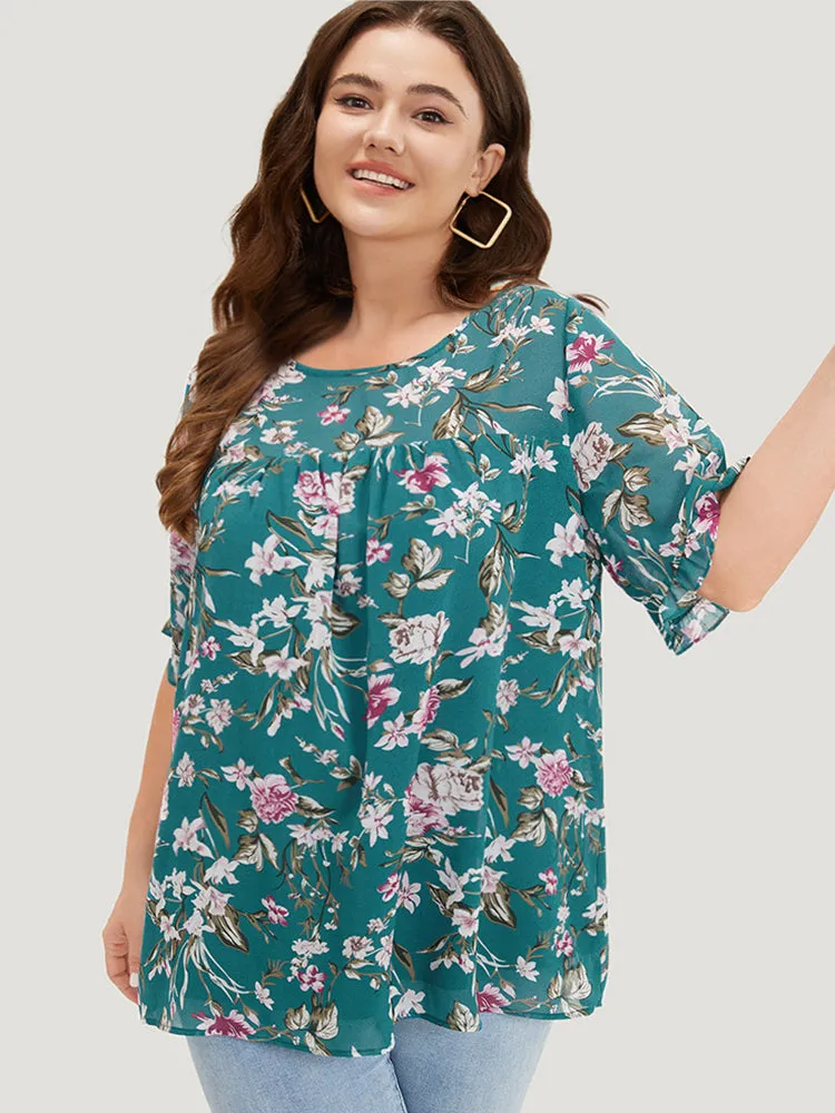 Floral Gathered Mesh Ruffle Sleeve Blouse sold by Bloomchic product image thumbnail 4