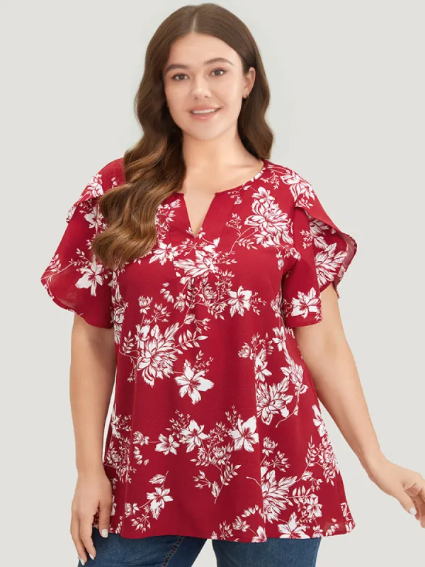 Silhouette Floral Print Notched Petal Sleeve Blouse sold by Bloomchic