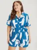 Brush Print Pocket Shirt Collar Button Up Belted Romper sold by Bloomchic
