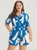 Brush Print Pocket Shirt Collar Button Up Belted Romper sold by Bloomchic