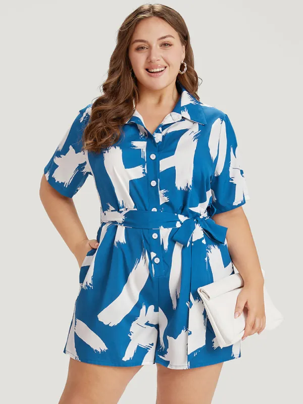 Brush Print Pocket Shirt Collar Button Up Belted Romper sold by Bloomchic