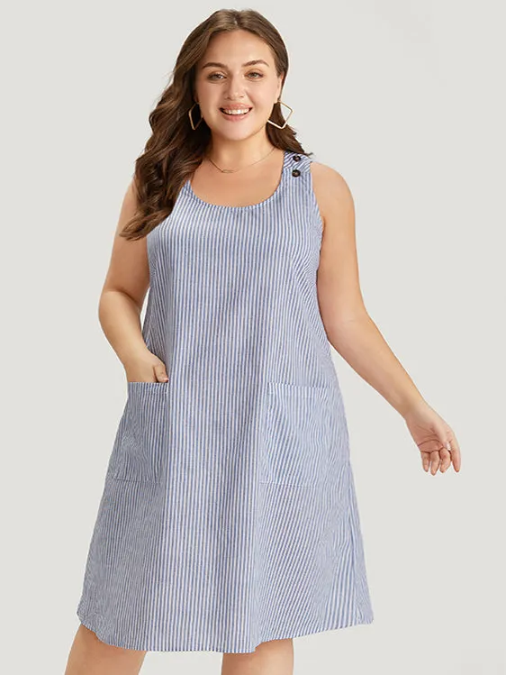 Striped Patched Pocket Adjustable Button Dress sold by Bloomchic