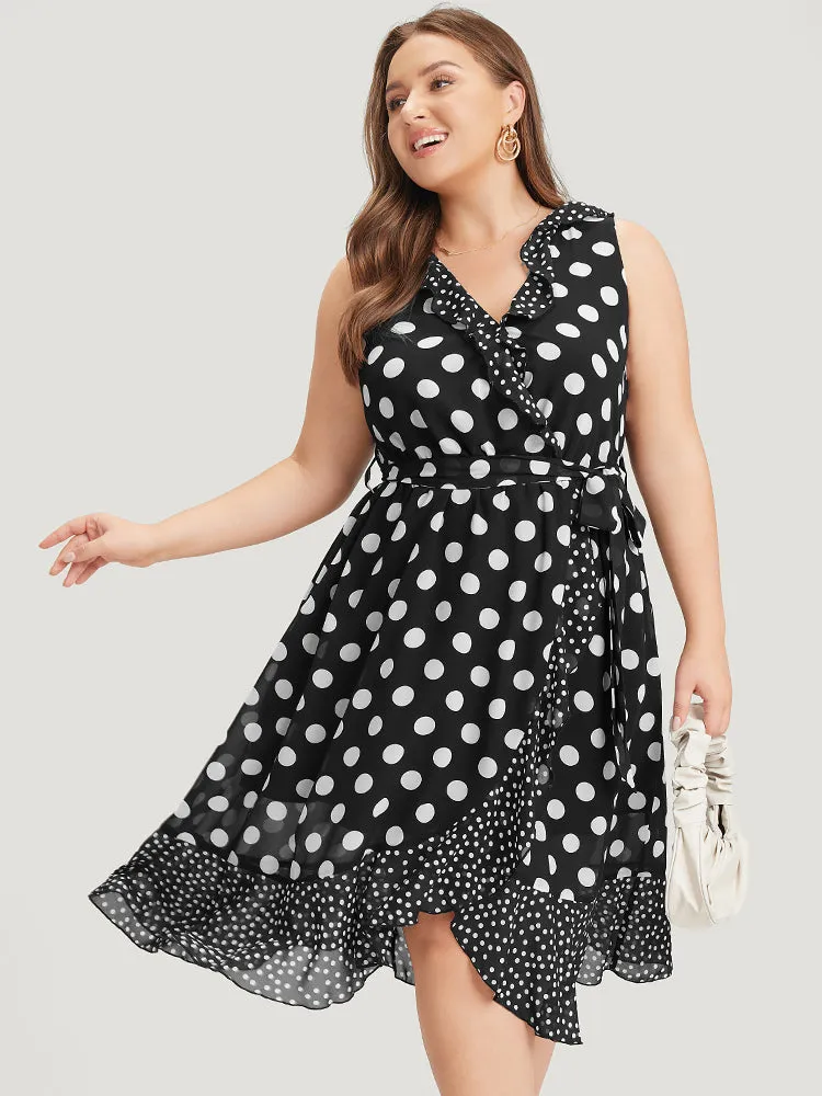 Polka Dot Pocket Ruffle Trim Wrap Tank Dress sold by Bloomchic