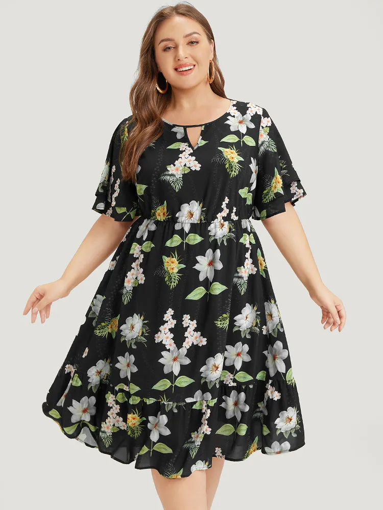 Floral Print Ruffle Pocket Keyhole Round Neck Dress sold by Bloomchic product image thumbnail 2