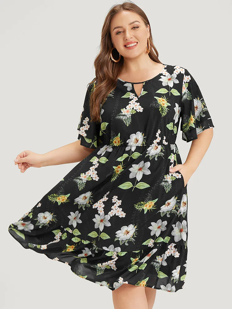 Floral Print Ruffle Pocket Keyhole Round Neck Dress sold by Bloomchic