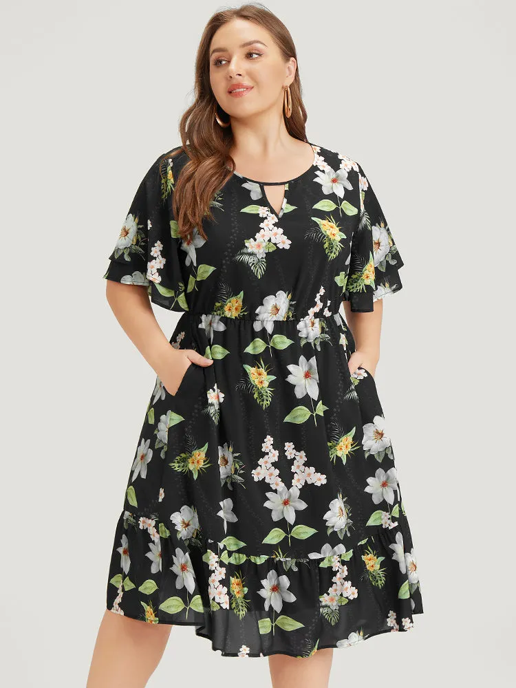 Floral Print Ruffle Pocket Keyhole Round Neck Dress sold by Bloomchic product image thumbnail 5