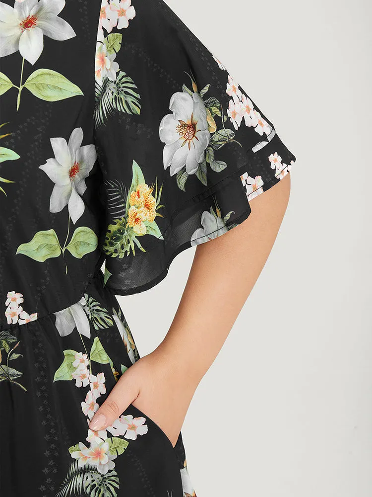 Floral Print Ruffle Pocket Keyhole Round Neck Dress sold by Bloomchic product image thumbnail 4
