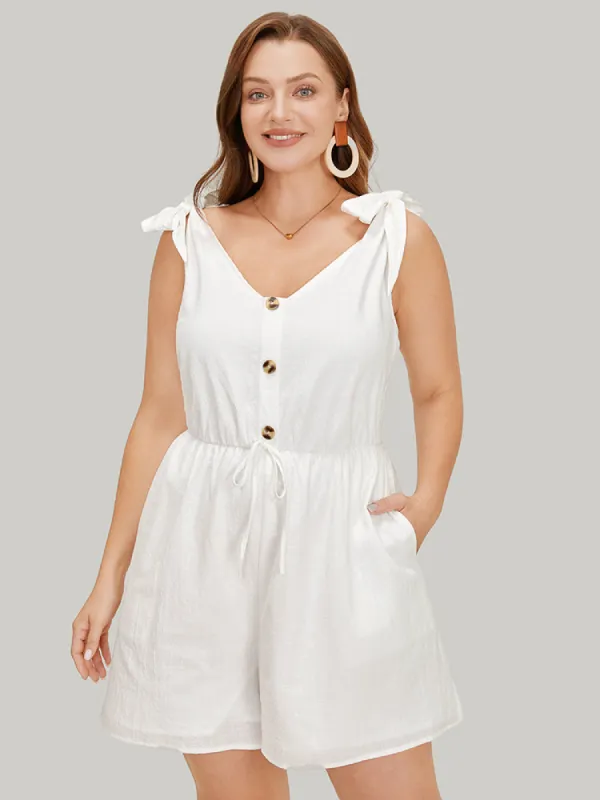 Solid Knot Button Detail Pocket Tie Shoulder Overall Romper sold by Bloomchic