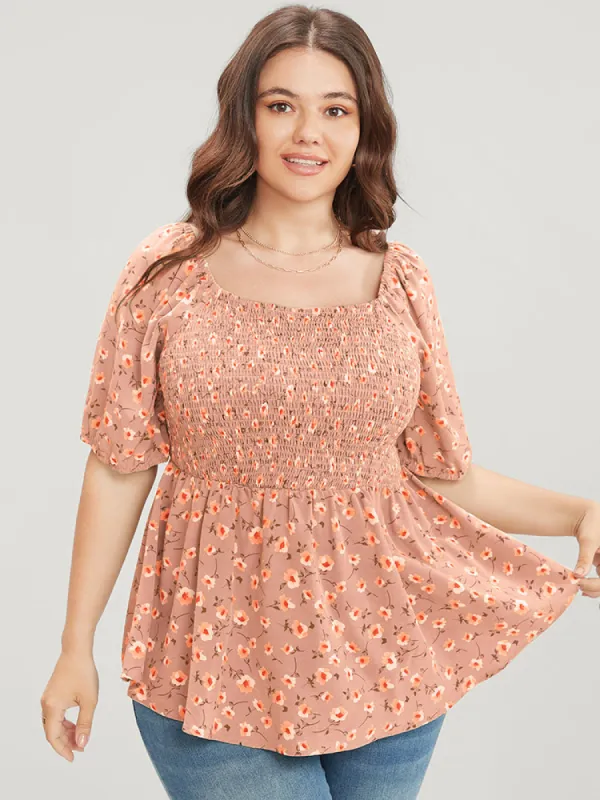 Ditsy Floral Square Neck Lantern Sleeve Shirred Blouse sold by Bloomchic