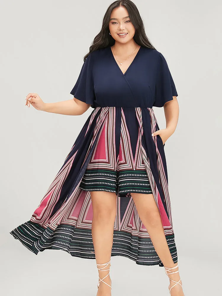 Geometric Print Ruffle Sleeve Pocket Wrap Skirt Romper sold by Bloomchic product image thumbnail 3