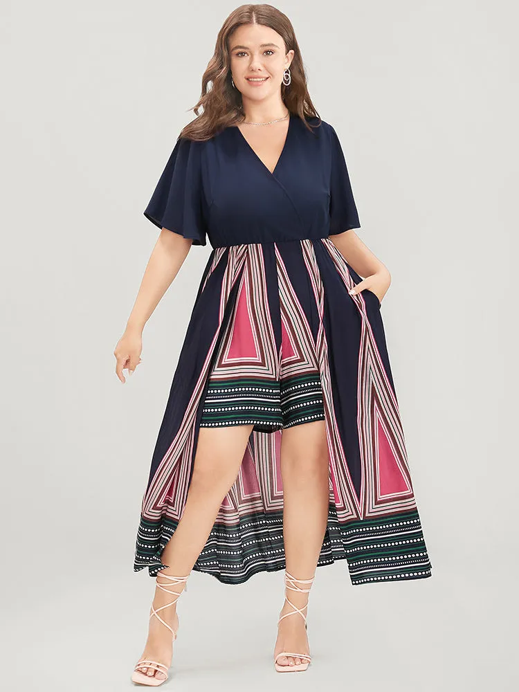 Geometric Print Ruffle Sleeve Pocket Wrap Skirt Romper sold by Bloomchic