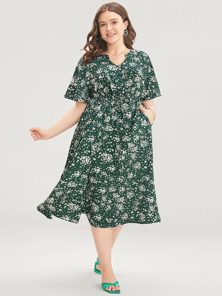 Floral Print Raglan Sleeve Pocket Drawstring Ruffles Dress sold by Bloomchic