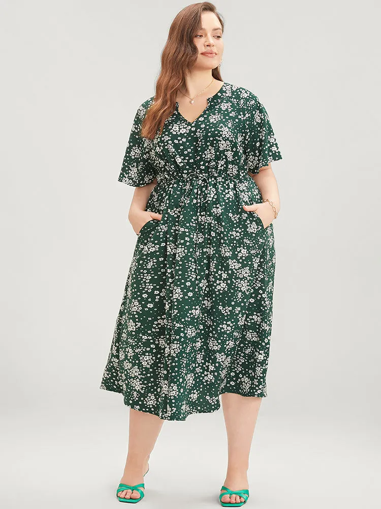 Floral Print Raglan Sleeve Pocket Drawstring Ruffles Dress sold by Bloomchic product image thumbnail 4