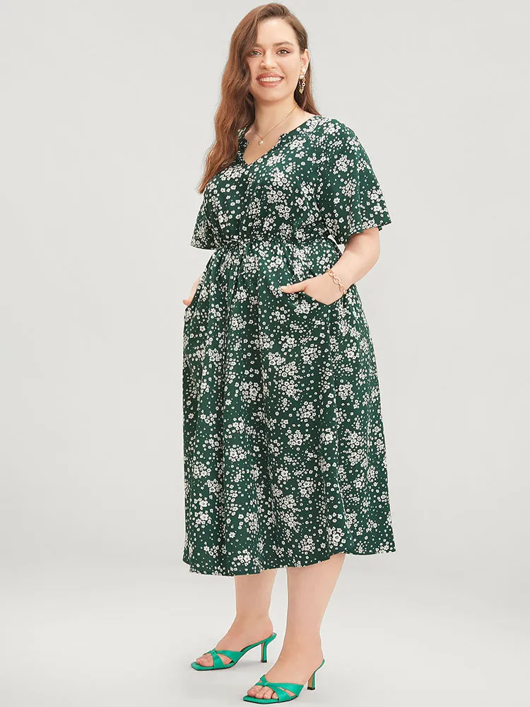 Floral Print Raglan Sleeve Pocket Drawstring Ruffles Dress sold by Bloomchic product image thumbnail 3