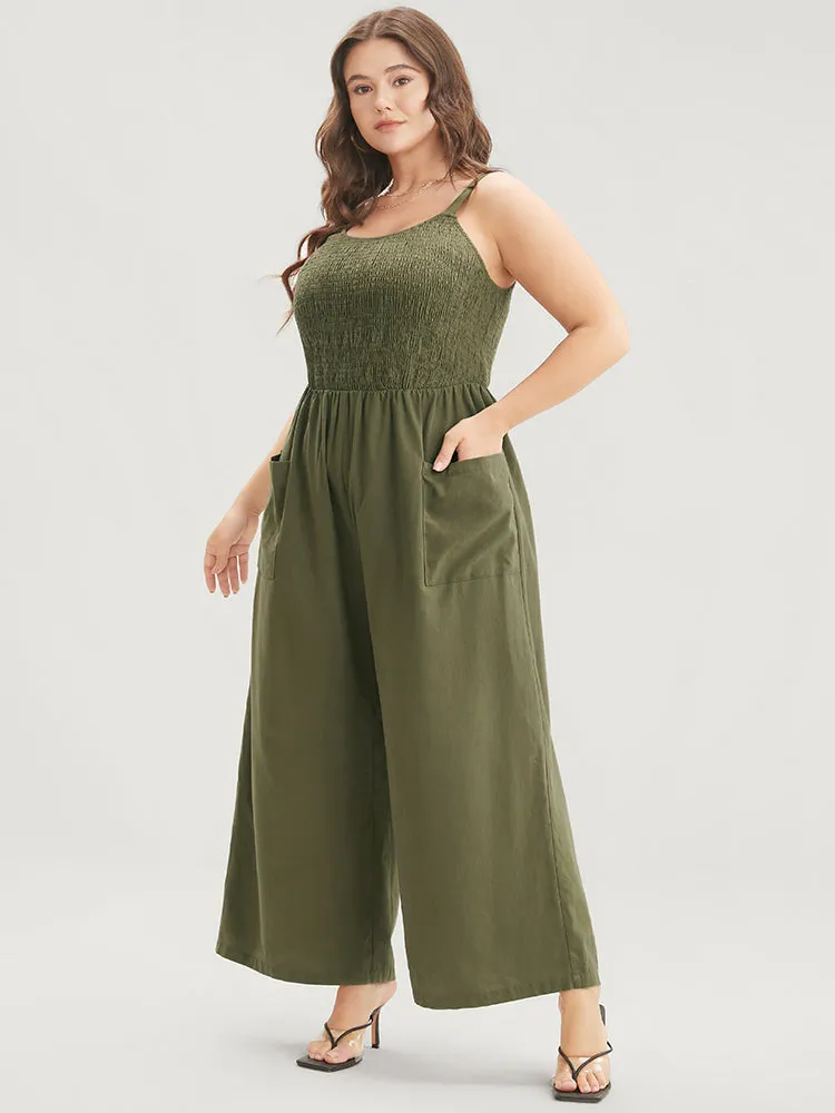 Solid Pocket Shirred Spaghetti Strap Jumpsuit sold by Bloomchic