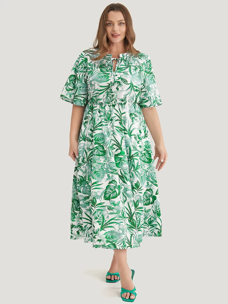 Plant Print Pocket Keyhole Tie Neck Frill Trim Flutter Dress sold by Bloomchic product image thumbnail 4