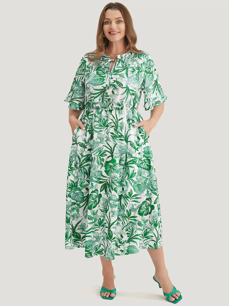 Plant Print Pocket Keyhole Tie Neck Frill Trim Flutter Dress sold by Bloomchic product image thumbnail 2