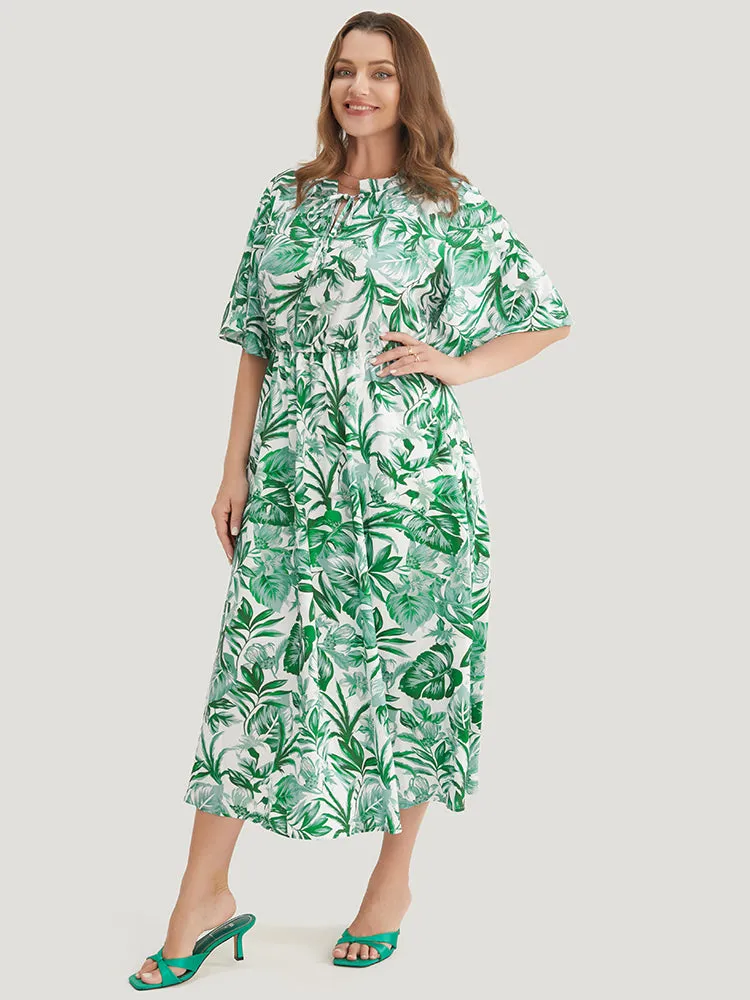 Plant Print Pocket Keyhole Tie Neck Frill Trim Flutter Dress sold by Bloomchic product image thumbnail 3