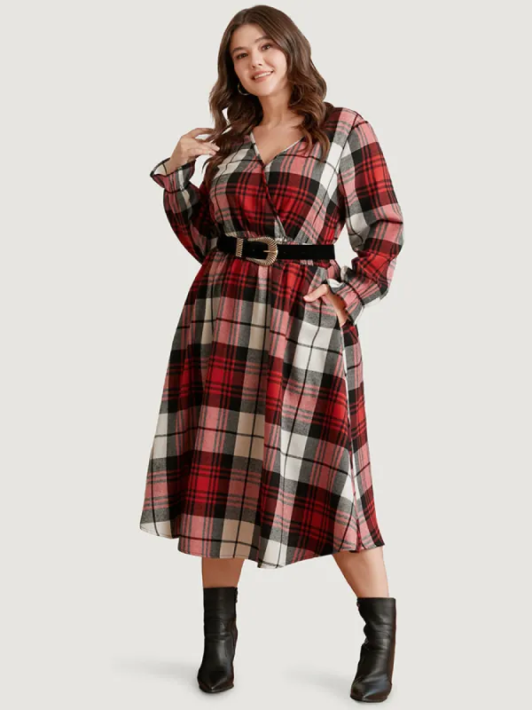 Plaid Shirred Pocket Lantern Sleeve Wrap Midi Dress Without Belt sold by Bloomchic